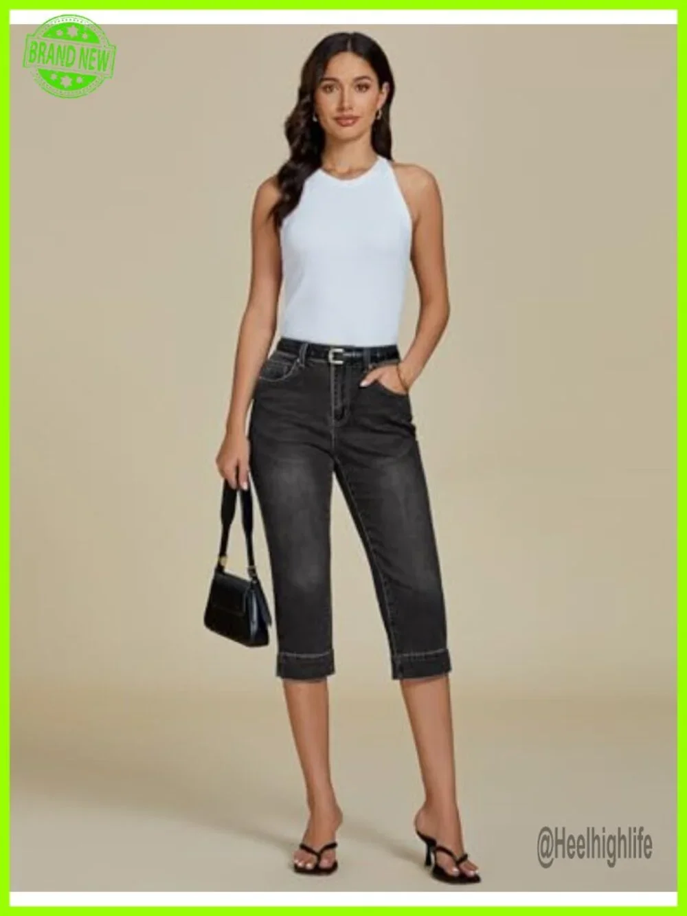 High Waisted Split Hem Cropped Capri Jeans Stretch Denim
